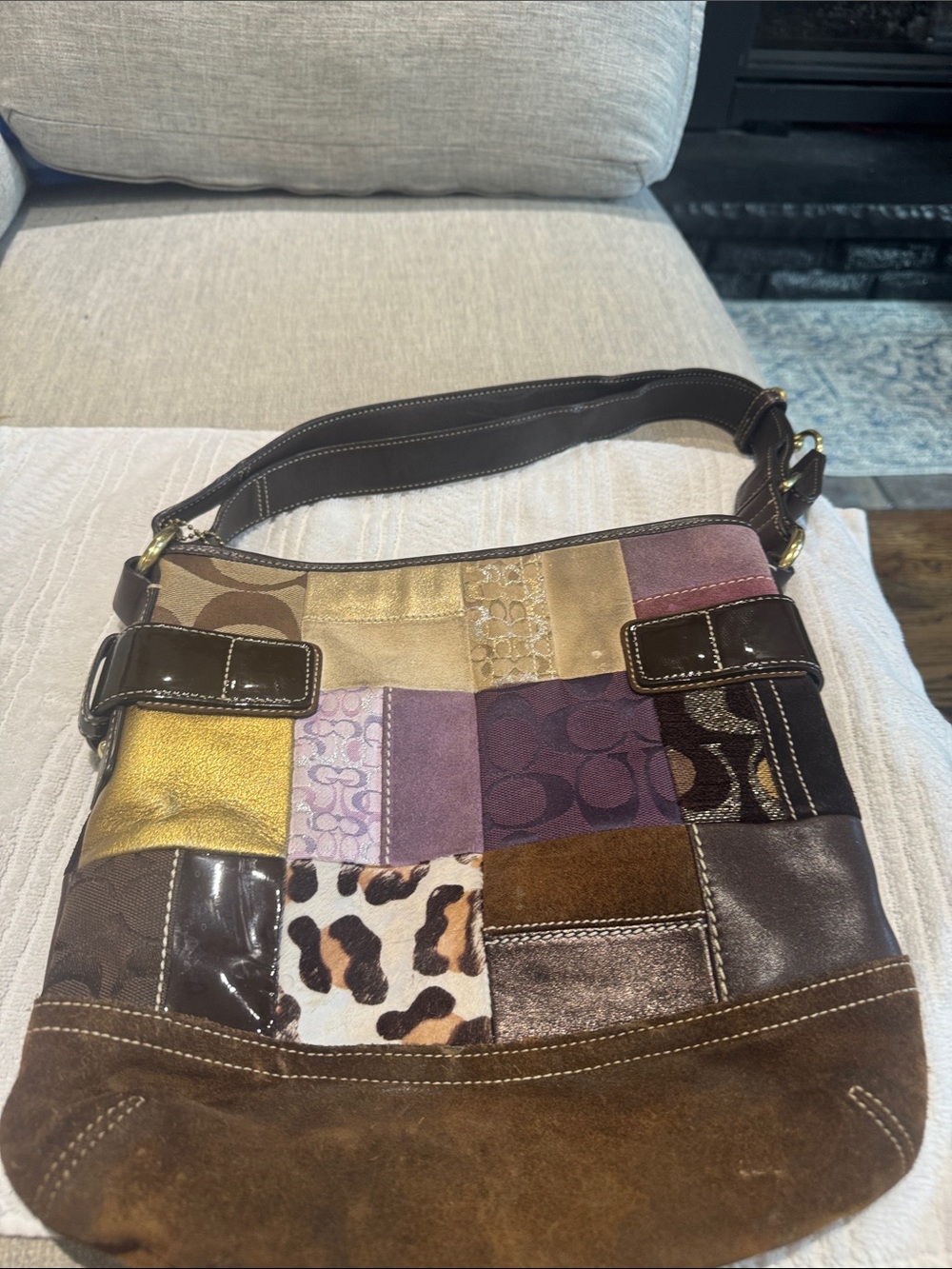 Coach Patchwork Shoulder Bag in Brown, Gold and Purple - Picture 2 of 9